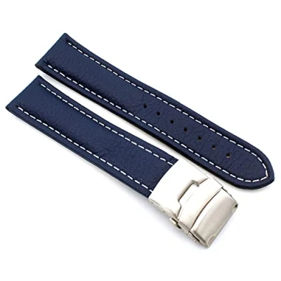 Image de Sulla Bracelet de montre en cuir véritable avec boucle déployante acier inoxydable, coutures blanches, bleu, 22mm, Lanières