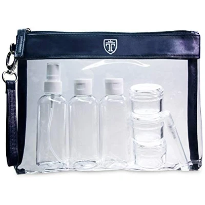 Image de TRAVANDO Trousse de Toilette Transparente + 7 Bouteilles, Pots, Contenants pour Liquides Kit Voyage 1l l’Avion Set dans Bagages à Main Sac Cosmétiques Hommes et Femmes