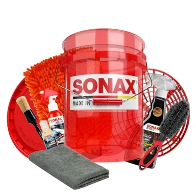 Image de Kit de nettoyage pour jantes Sonax Seau lavage voiture avec tamis et couvercle Brosse Gant Pinceau Vitrificateur céramique Shampoing Chiffon en