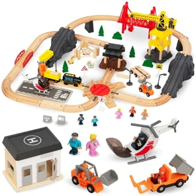Image de Mamabrum, Train à Batterie en Bois Ville, Terminal de vol avec Tour, Grue Mobile, Trains, Figures humaines, Voies, signaux Lumineux, Table Chemin Fer