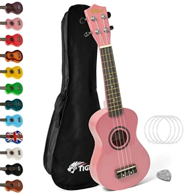 Image de TIGER UKE7 PK Ukulélé Soprano pour Débutants avec Sac de Transport, Médiator en Feutre, Jeu Cordes Rechange Et Doté d&#039;Un Corde Aquila Rose