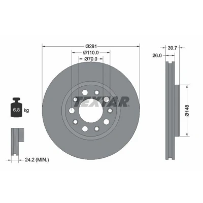 Image de TEXTAR PRO 92230103 Disque de frein 281 26 05/10 110 ventilé l&#039;intérieur revêtu sans boulon fix roue, moyeu roue