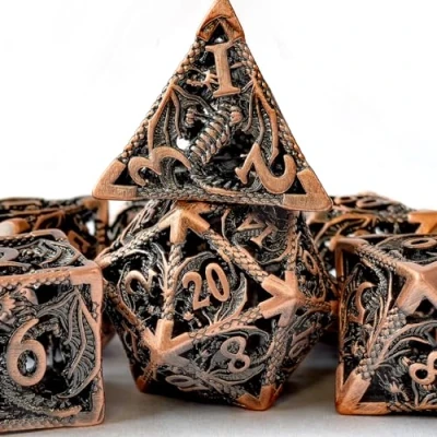 Image de Lot de 7 dés D&amp;D en cuivre pur, polyèdre creux DND, adaptés pour les jeux rôle tels que Pathfinder RPG Shadow Run DND
