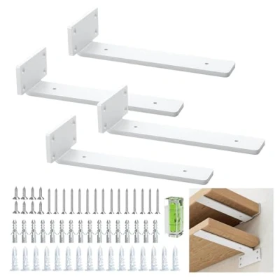 Image de équerre étagère robustes 20 cm/8 pouces, 5 mm d&#039;épaisseur, lot de 4 supports d&#039;étagère blancs cachés flottants, industriels rustiques avec finition en fer moderne