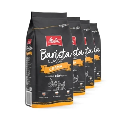 Image de Melitta Barista Classic Crema Lot de 4 paquets grains café entiers 1 kg non moulus pour machine à entièrement automatique, torréfaction moyenne, force 4, dans un plateau