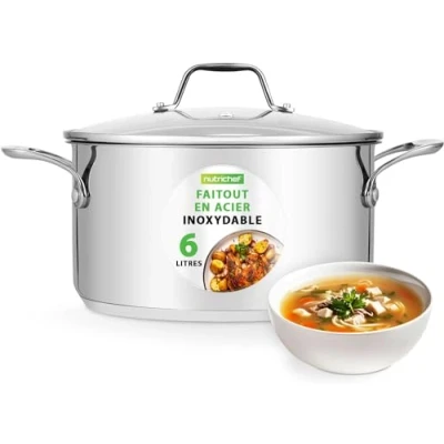 Image de NutriChef Marmite Faitout Inox de 6 Litres 18/8 Qualité Alimentaire Résistant Tous Feux Grande Pot à Mijoter, Soupe avec Couvercle Transparent, Compatible Lave Vaisselle