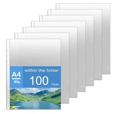 Image de LALATOK 100PCS Pochettes Perforées, Perforées A4 en Polypropylène, Transparentes pour Documents 80µm, de Collecte Ranger Papier, Dossiers et