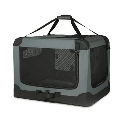 Image de Amazon Basics Niche de voyage pliable à 4 portes pour chien et chat, taille L, Gris, 91 x 61 cm