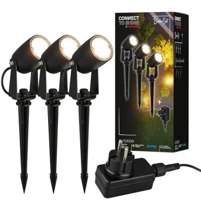 Image de BRILONER Système de jardin Connect to Shine 12V, lot 3 spots LED avec piquet, kit base transformateur, IP65, lumière blanc chaud, éclairage jardin, spot LED, 25,5x4 cm, noir