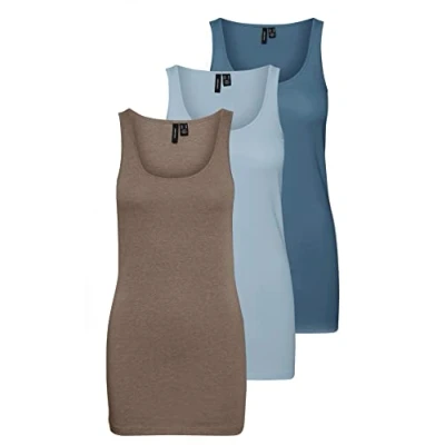 Image de VERO MODA VMMAXI My Soft Débardeur Long pour Femme Top GA 3P, Marron/Bleu/Bleu (1 x mélange de Noyer / 1 Bleu Fog Chinois), S