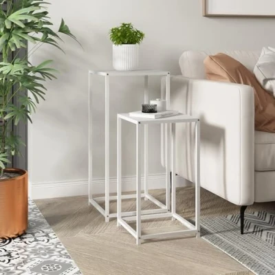 Image de [en.casa] Set de 2 Tables d&#039;Appoint Tailles Différentes Lot Supports pour Plantes Ensemble Basses Bout Canapé Style Intemporel Acier Blanc
