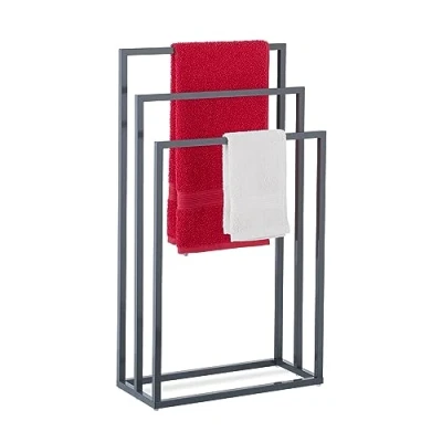 Image de Relaxdays Sèche Serviettes, 3 Barres, Acier, HxLxP : 83 x 46 21 cm, Support Non Fixe pour Salle de Bain, Anthracite