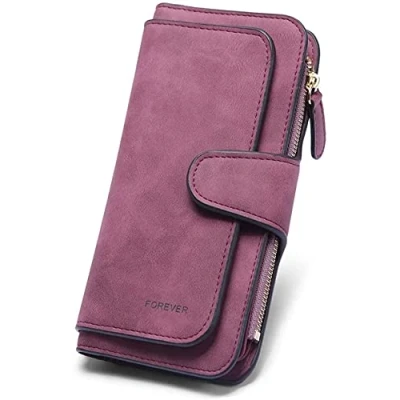 Image de Portefeuille Femme Grande Capacite PU Cuir Porte Monnaie Elégant avec 16 Cartes y Compris 2 fenêtre d&#039;identification, Zippé pour (Fuchsia)