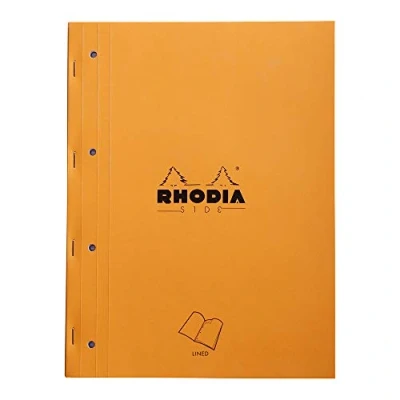 Image de RHODIA 118014C Bloc Notes Agrafé Coté Side Orange A4 Ligné 80 Feuillets Détachables Perf 4 Trous Papier Clairefontaine Blanc g/m² Couverture en Carte Enduite Souple et Résistante
