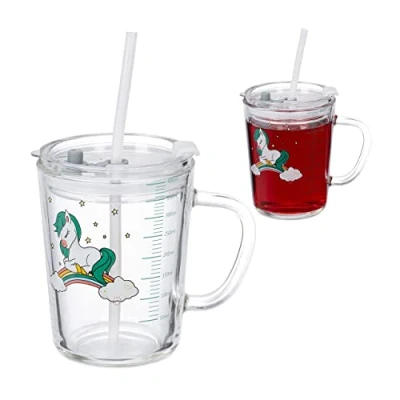 Image de Relaxdays Verre pour Enfant en Lot de 2, Motif Licorne, avec Anse, Couvercle et Paille, 400 ML gradué, Transparent