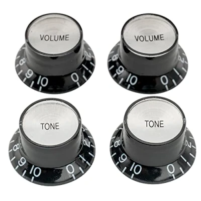 Image de Musiclily Pro Métrique 18 Splines Boutons Top Hat Reflector 2 Volume Tone Knobs pour l&#039;Asie Import Guitare Basse Split Shaft Pots, Noir avec Sommet Argent