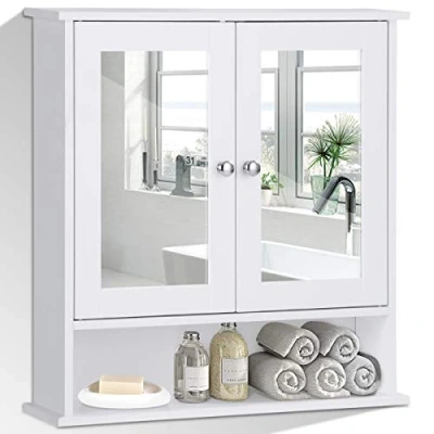 Image de Giantex Armoire de Toilettes Commode Salle Bain Meuble Blanc Suspendu Dressoir Mural avec 2 Portes Miroir Rangement Étagères
