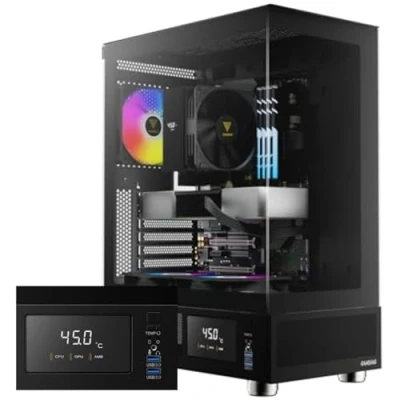 Image de GAMDIAS Atlas E1 Boîtier PC Gamer ATX Tour Moyenne, Moniteur en Temps réel, Pré Installation de 3 Ventilateurs ARGB 120 mm, Verre trempé sans Cadre, Évents latéraux à Fort débit d&#039;air, Noir