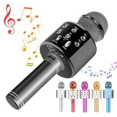 Image de microphone Bluetooth sans fil avec haut parleur, batterie 2600mAh, portable pour karaoké, effets sonores réglables (noir)