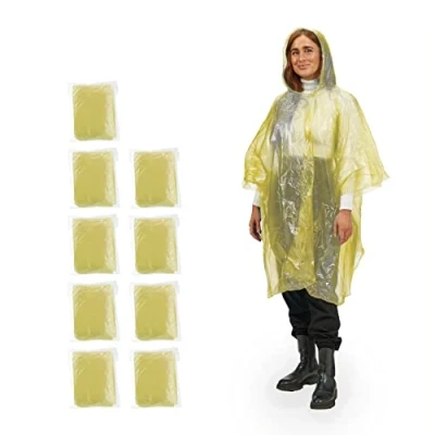 Image de Relaxdays Ponchos imperméables jetables, Lot de 10, ciré avec Capuche, Contre la Pluie, randonnée, Unisexe, Jaune
