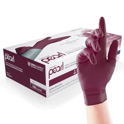 Image de Unigloves Burgundy Pearl gants d&#039;examen en nitrile jetables polyvalents, sans poudre et latex boîte de 100 gants, bourgogne, taille S (GP0122)