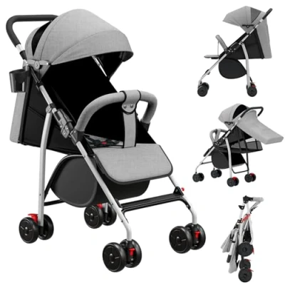 Image de Poussette Canne Bébé Ultra Légère, Compacte, Pliable et Inclinable de la Naissance à 25 kg, avec Système Trolley, Housse Pluie Incluse, CapoteExtensible C gris