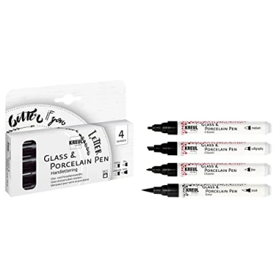 Image de KREUL 16480 Glass &amp; Porcelain Pen Handlettering Set, 4 crayons pour écrire à la main sur verre porcelaine Noir Différentes pointes et largeurs de trait