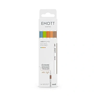 Image de Emott Uni Ball Mitsubishi Pencil Pochette De 5 Feutres Natural Colors Pour Écrire, Dessiner, Tracer avec Style ! Pointe Fine 0,4 mm Vert Clair, Bleu Saxe, Beige, Orange, Rose Saumon