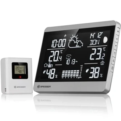 Image de Bresser ClimateTemp NDH NEO Station météo sans fil avec capteur extérieur, affichage de la température et l&#039;humidité, prévisions météorologiques, avertissement gel, paysage, argenté/noir