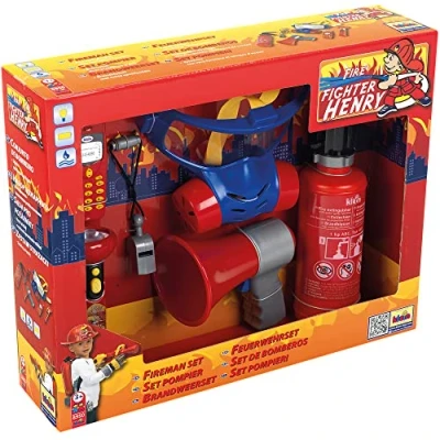 Image de Theo Klein 8950 Set de pompier, 7 pièces I Avec extincteur à fonction pulvérisation, mégaphone, lampe torche et beaucoup plus encore ... Dimensions : 40 cm x 32 9,5 Jouet pour enfants partir trois ans