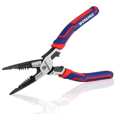 Image de WORKPRO Pince Multifonctionnelle à Bec Long en Cr V, Fonction Maintenir/Dénuder/Couper/Sertir/Serrer/Enroulement, Coupante pour Usage Domestique ou Electricien