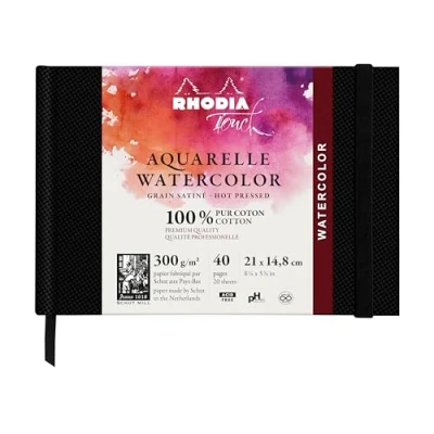 Image de RHODIA TOUCH 116155C Carnet aquarelle 100 % coton grain satiné 300 g/m² A5 paysage 40 pages non microperforées Brochure rigide Watercolor Book