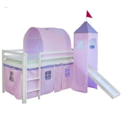 Image de Homestyle4u Lit Simple Blanc 90x200 en Hauteur avec echelle Rideau Tour Tunnel Rose et toboggan