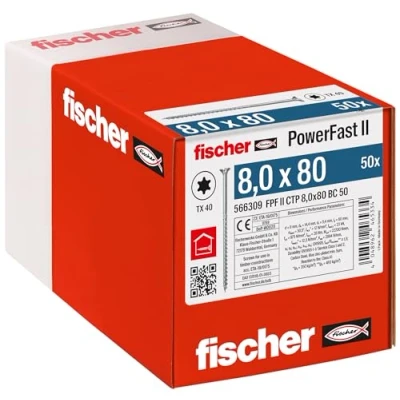 Image de fischer Vis de charpente PowerFast FPF II CTP 8,0x80 revêtement zingué, Filetage partiel, tête fraisée avec Empreinte Torx/Boîte 50
