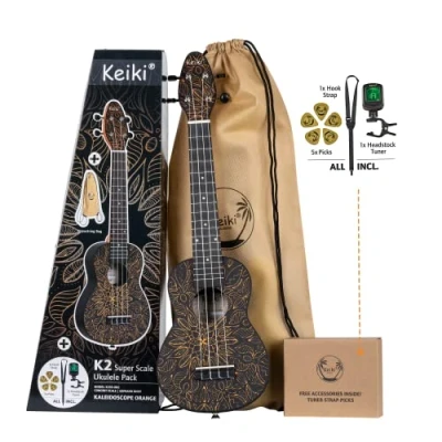 Image de Ortega Guitars Ukulélé Soprano orange Keiki K2 Kit de démarrage incluant Accordeur, Courroie, 5 Médiators Medium et Sac à cordon kaleidoscope (K2SS OKC)