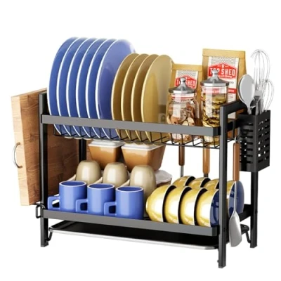 Image de Egouttoir Vaisselle, de Cuisine Antirouille Avec et Support pour Ustensiles, Vaisselle Multifonctionnel à 2 Niveaux, D&#039;évier Comptoir Noir
