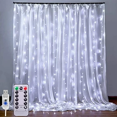 Image de XRR Rideau Lumineux 3M*3M Guirlande Lumineuse 300LEDs à USB, 8 Modes d&#039;Eclairage avec Télécommande Decoration de Fenêtre,Noël,Mariage,Anniversaire,Maison,Patio,Etanche(blanc froid)