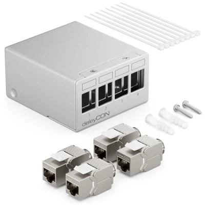 Image de deleyCON Panneau de Brassage 4 Ports Kit Distribution 1U + 4x RJ45 Modules Keystone Jack STP CAT6a Compatibles avec Câble Fixes CAT5 CAT6 CAT7 Câbles Réseau Ethernet LAN DSL Gris