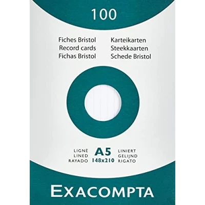 Image de Exacompta Réf. 13808B Étui de 100 fiches bristol lignées non perforées format 148 x 210 mm compatibles avec imprimante jet d&#039;encre, laser et photocopieur couleur blanc