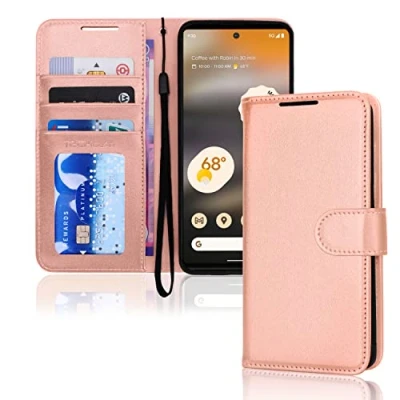 Image de TECHGEAR Etui Portefeuille en Cuir Google Pixel 6a, Housse Flip Protect avec Porte Cartes Portefeuille, Support et Dragonne PU Or Rose Fermeture Magnétique Conçu pour 6a