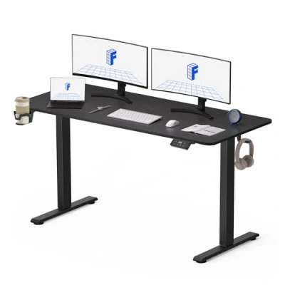 Image de FLEXISPOT Lite Bureau Assis Debout Électrique Réglable en Hauteur avec Porte gobelets et Crochets, Panneau Clavier Contrôle à Fonctions Mémoires 140x60 cm(Cadre Noir + Plateau Noir)