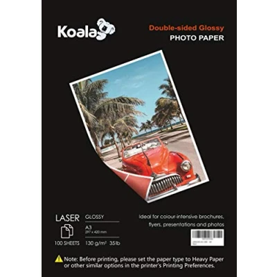 Image de KOALA Papier Photo Double Face Brillant pour imprimante LASER, A3, 130 g/m², 100 feuilles. Convient l&#039;impression de Photos, Brochures, Certificats, Livrets, Flyers, Dépliants, Calendriers, Cartes