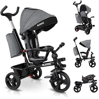Image de KIDIZ® Tricycle 5 en 1 pour enfants avec barre à pousser Système de guidage Tige partir an marche avant et arrière sportif, panier sac porte boisson pare soleil roues caoutchouc