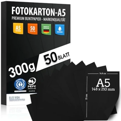 Image de Lot de 50 feuilles carton bricolage noir 300 g/m² Papier qualité supérieure profond Format A5 d&#039;impression non imprimé pour photographie, présentations, bricolage,