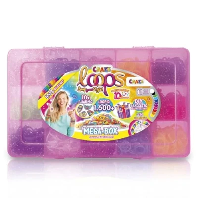 Image de CRAZE loops Mega Box Lot de 1600 élastiques Pour bricolage et nombreux accessoires fabriquer soi même des colliers, bagues bracelets Mélange couleurs
