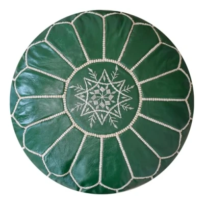 Image de Pouf Artisanal Marocain en Cuir Véritable Fait Main Vendu Rembourré Repose Pied, Coussin de Sol, Ottoman (Vert Menthe)
