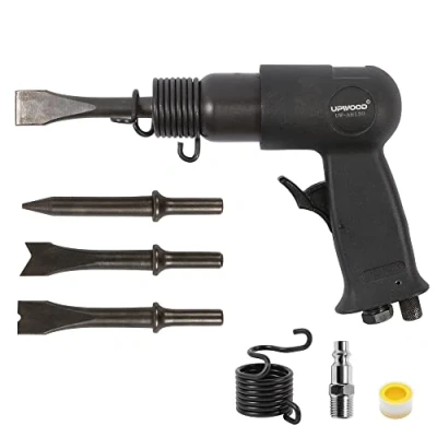 Image de UPWOOD UW AH150 Kit de marteau pneumatique à barillet court avec dispositif retenue changement rapide et 4 burins, course 1 5/8 pouce, 4500 BPM, poids léger
