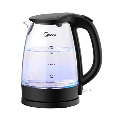 Image de Midea MK 17G02A2 bouilloire électrique, en verre sans BPA, avec indicateur LED bleu, 2200 W à ébullition rapide, filtre amovible, câble collectable, arrêt automatique