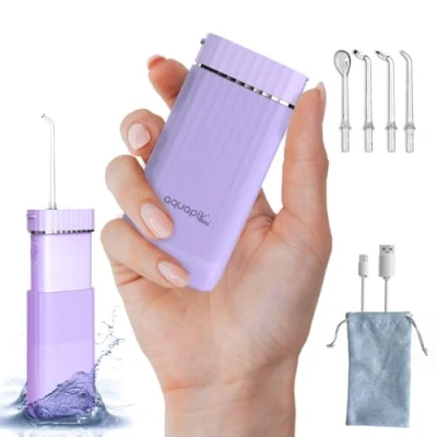 Image de Aquapik® Mini Jet Dentaire Portable Élimine la Plaque + Recommandé par les Dentistes Protège vos Implants et Appareils Orthodontiques 4 Embouts 3 Modes de Fonctionnement Rechargeable USB C