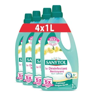 Image de Sanytol Désinfectant Nettoyant Multi Surfaces Parfum Citron 1L Lot de 4 Sans Javel, Air Label Score A+ Nouvelle formule 5X plus nettoyante Fraîcheur longue durée